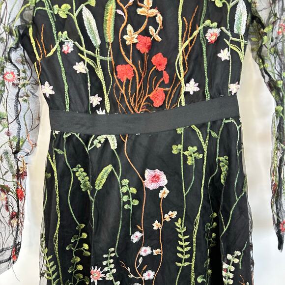Black Midi Sheer Sleeve Embroidered Floral Knee Length Dress Womens Size Small - Picture 10 of 14
